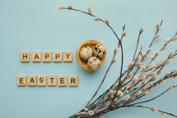 Картинка праздничные пасха буквы гнездо яйца ветки верба