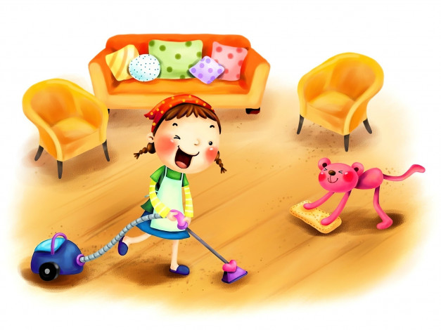 Обои картинки фото рисованное, дети, девочка, пылесос, мебель, мишка, уборка
