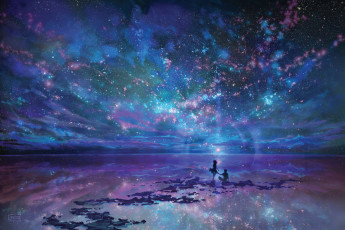 Картинка аниме *unknown другое небо облака люди звезды