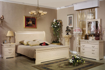 Картинка интерьер спальня комод картины лампы цветы кровать
