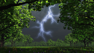 Картинка 3д графика nature landscape природа зрелище молния деревья поляна