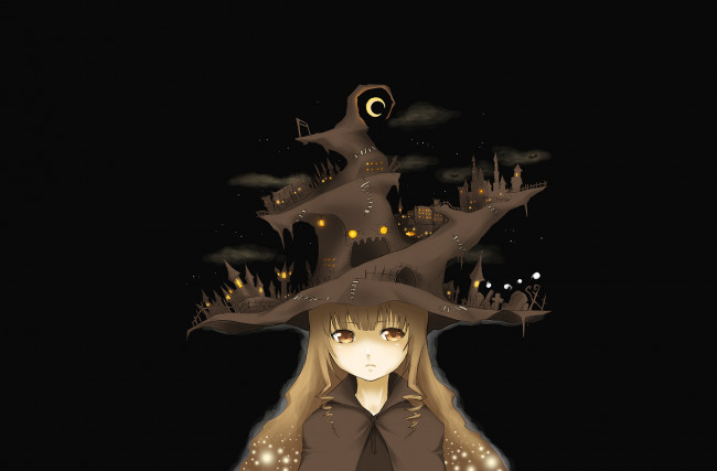 Обои картинки фото аниме, halloween, magic, ночь, город, шляпа, девочка, ведьма