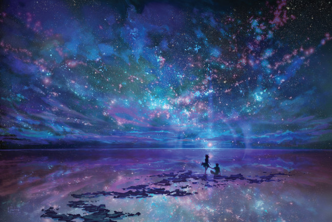 Обои картинки фото аниме, *unknown, другое, небо, облака, люди, звезды