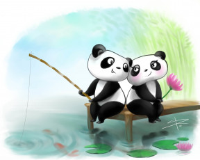 Картинка рисованные -+другое удочка рыбалка смущение лотос любовь двое панды