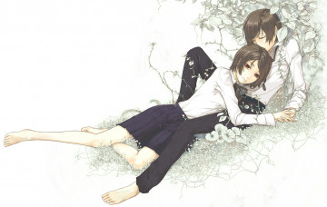 Картинка аниме *unknown+ другое парень девушка белый фон двое лежат листва