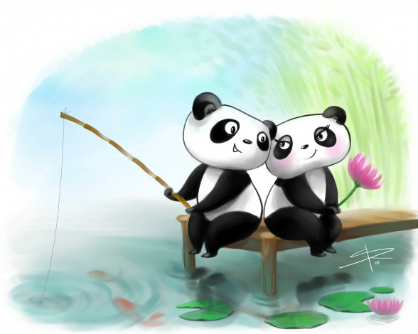 Обои картинки фото рисованные, - другое, удочка, рыбалка, смущение, лотос, любовь, двое, панды