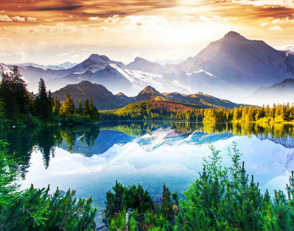 Обои картинки фото природа, реки, озера, озеро, горы, рассвет