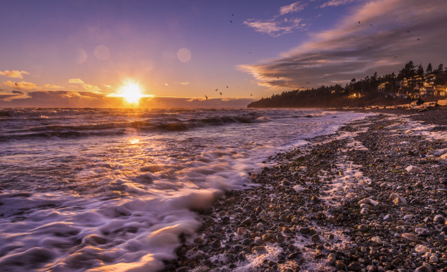 Обои картинки фото природа, восходы, закаты, зарево, тучи, пена, волны, пляж, океан