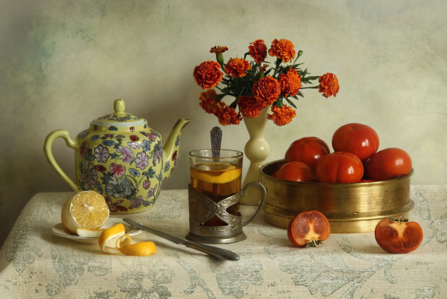 Обои картинки фото еда, натюрморт, помидоры, лимон, чай, цветы