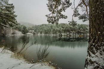 Картинка природа реки озера туман снег река лес горы
