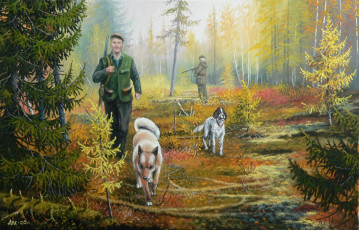 Картинка рисованное андрей+лях природа андрей лях собака тайга охотник