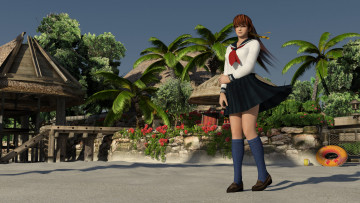 Картинка 3д+графика аниме+ anime пальмы фон бунгала взгляд девушка