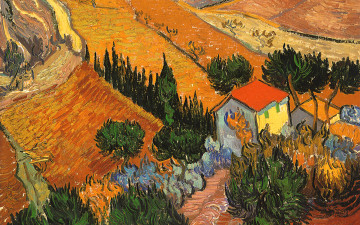 Картинка рисованное живопись поле пейзаж картина винсент ван гог деревья дом