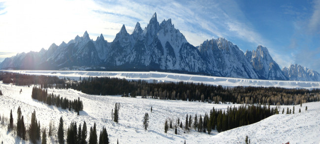 Обои картинки фото природа, горы, grand, teton, national, park, небо, деревья, сша, wyoming, снег, зима, облака