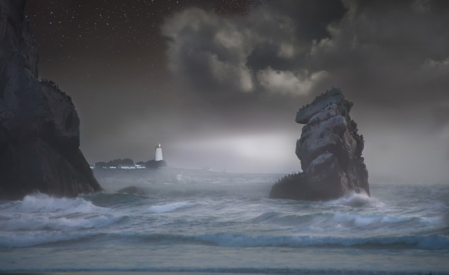 Обои картинки фото природа, маяки, побережье, скалы, море, маяк, ночь