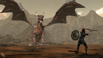 Картинка 3д+графика фантазия+ fantasy воин дракон горы оружие