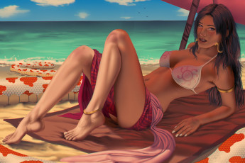 Картинка рисованное люди девушка взгляд купальник пляж море фон