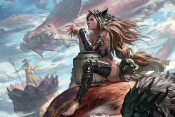 Картинка фэнтези девушки painting tattoo artwork dragon warrior mask helmet girl fantasy art digital armor long hair