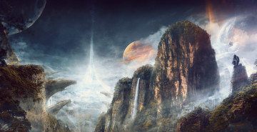 Картинка фэнтези пейзажи горы водопад деревья планета ущелье лес небо скалы облака