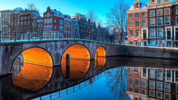 обоя города, амстердам , нидерланды, канал, мост