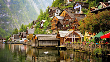 Картинка города гальштат+ австрия горы озеро лебедь