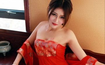Картинка девушки -unsort+ азиатки кимоно красное