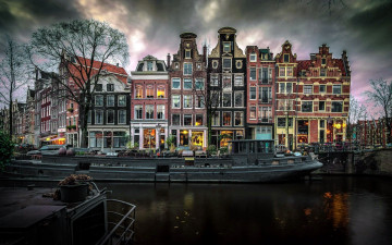 обоя города, амстердам , нидерланды, баржа, канал