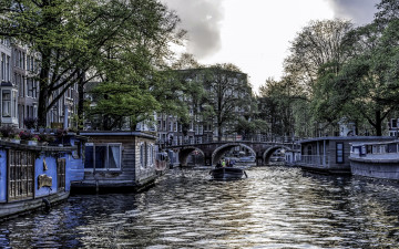 обоя города, амстердам , нидерланды, канал, мост, лодка