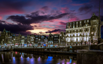обоя города, амстердам , нидерланды, канал, огни, вечер