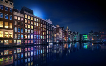 обоя города, амстердам , нидерланды, канал, вече, огни