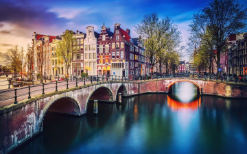 обоя города, амстердам , нидерланды, мост, канал