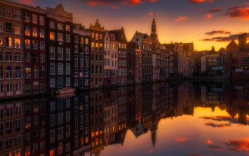 обоя города, амстердам , нидерланды, огни, вечер, канал