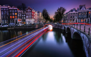 обоя города, амстердам , нидерланды, огни, вечер, мост