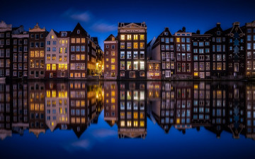 Картинка города амстердам+ нидерланды вечер канал огни