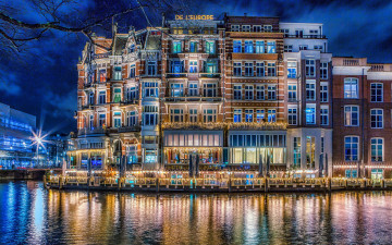 Картинка города амстердам+ нидерланды вечер огни канал