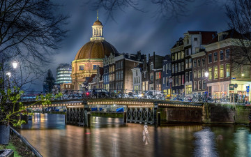 обоя города, амстердам , нидерланды, вечер, собор, канал, мост