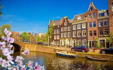 обоя города, амстердам , нидерланды, весна, мост, канал