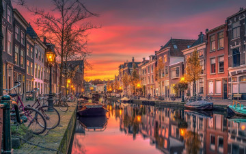 обоя города, амстердам , нидерланды, закат, канал, вечер