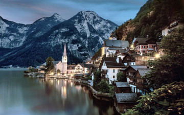 обоя города, гальштат , австрия, отражение, озеро, горы