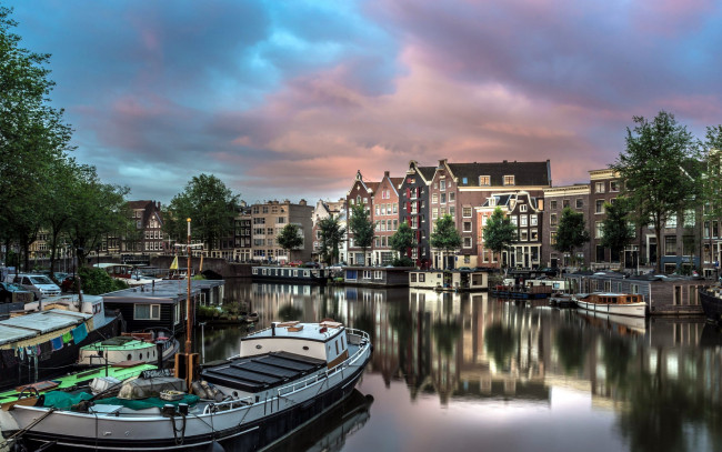 Обои картинки фото города, амстердам , нидерланды, баржи, канал