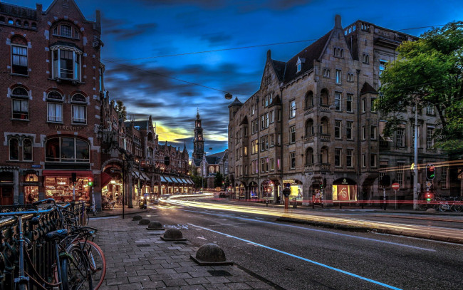 Обои картинки фото города, амстердам , нидерланды, улица, велосипеды, дома