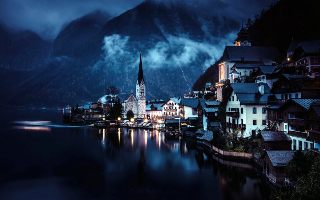 Обои картинки фото города, гальштат , австрия, ночь, отражение, озеро, горы