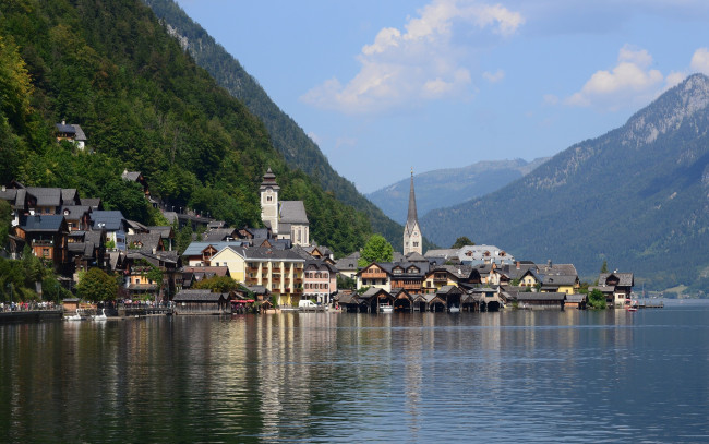 Обои картинки фото города, гальштат , австрия, отражение, озеро, горы
