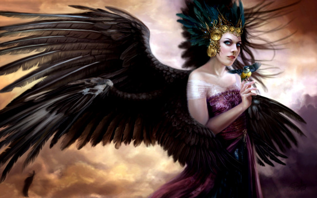 Обои картинки фото фэнтези, ангелы, девушка, крылья, птица, синица