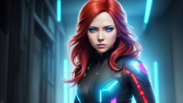 Картинка cyberpunk+2077 видео+игры future girl fantasy armor red hair art blue eyes digital black widow stable diffusion neuronet ai