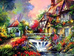 Картинка рисованное города дома сад водопад