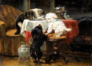 обоя рисованное, henriette ronner-knip, собаки, кошка, стол, посуда, кресло, табурет