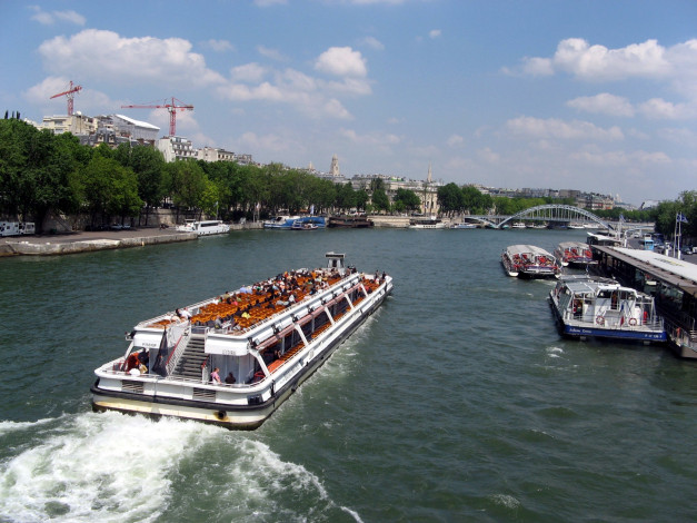 Обои картинки фото города, париж , франция, река, сена, корабли, мост