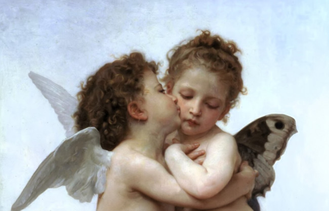 Обои картинки фото рисованное, живопись, ангелы, крылья, поцелуй