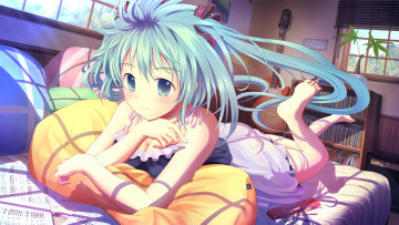 Картинка аниме vocaloid девушка лежит отдых комната солнце гитара записи ноты подушка